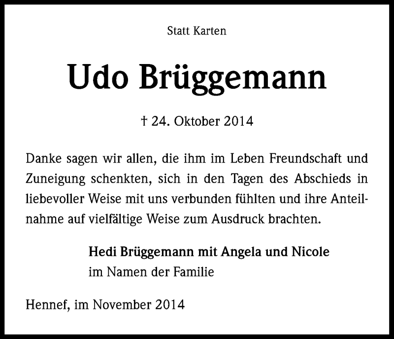  Traueranzeige für Udo Brüggemann vom 12.11.2014 aus Kölner Stadt-Anzeiger / Kölnische Rundschau / Express