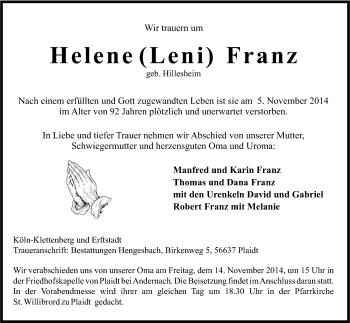 Anzeige von Helene Franz von Kölner Stadt-Anzeiger / Kölnische Rundschau / Express
