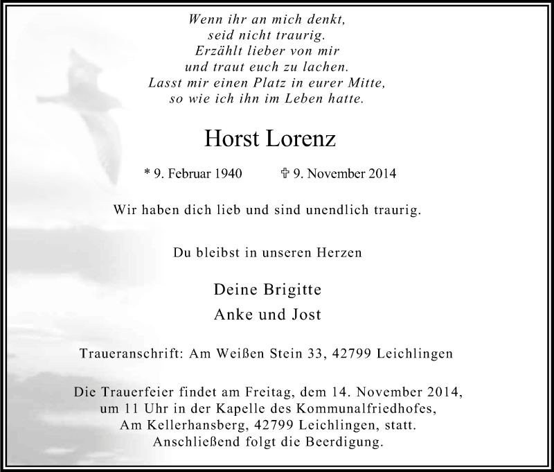  Traueranzeige für Horst Lorenz vom 12.11.2014 aus Kölner Stadt-Anzeiger / Kölnische Rundschau / Express