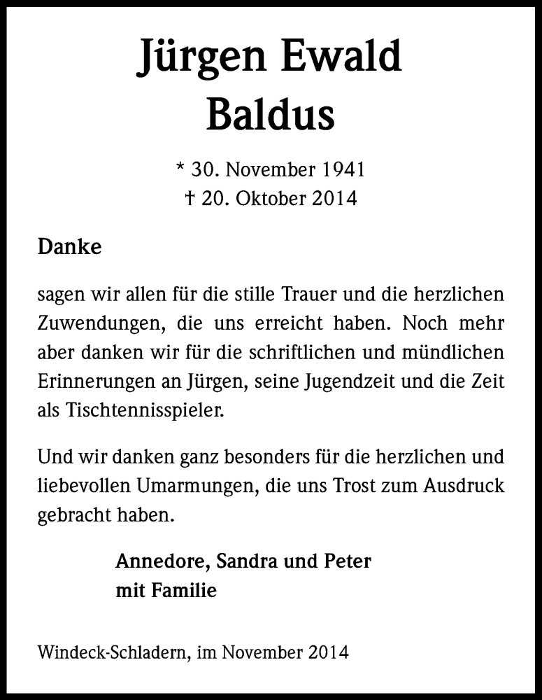  Traueranzeige für Jürgen Ewald Baldus vom 14.11.2014 aus Kölner Stadt-Anzeiger / Kölnische Rundschau / Express
