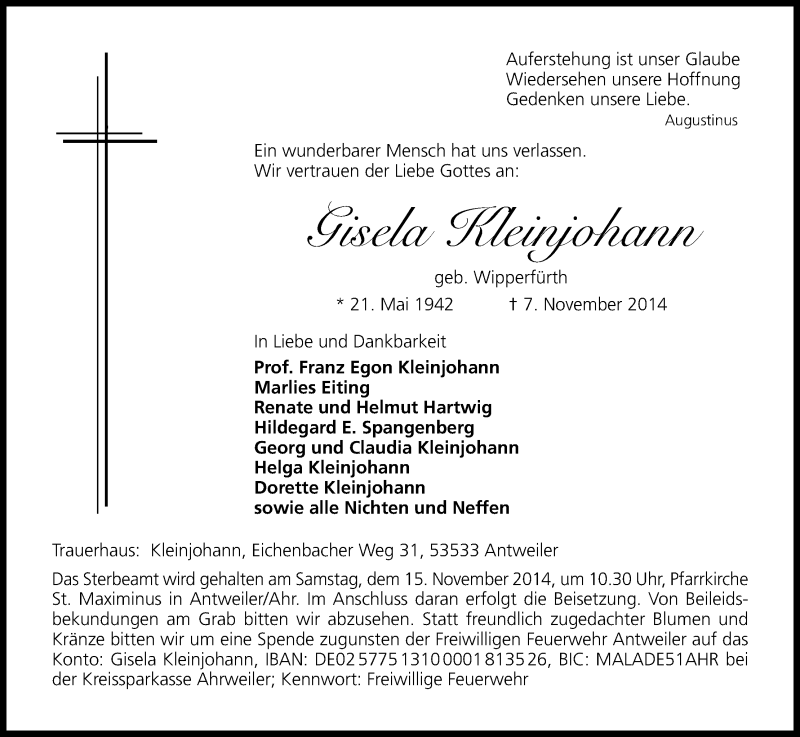  Traueranzeige für Gisela Kleinjohann vom 12.11.2014 aus Kölner Stadt-Anzeiger / Kölnische Rundschau / Express
