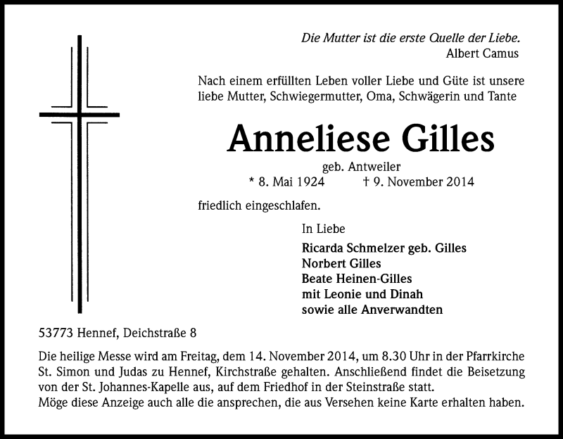  Traueranzeige für Anneliese Gilles vom 12.11.2014 aus Kölner Stadt-Anzeiger / Kölnische Rundschau / Express