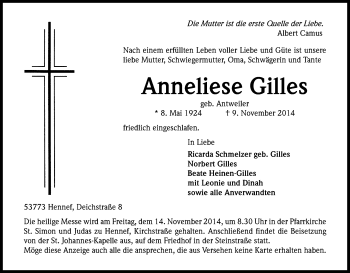 Anzeige von Anneliese Gilles von Kölner Stadt-Anzeiger / Kölnische Rundschau / Express