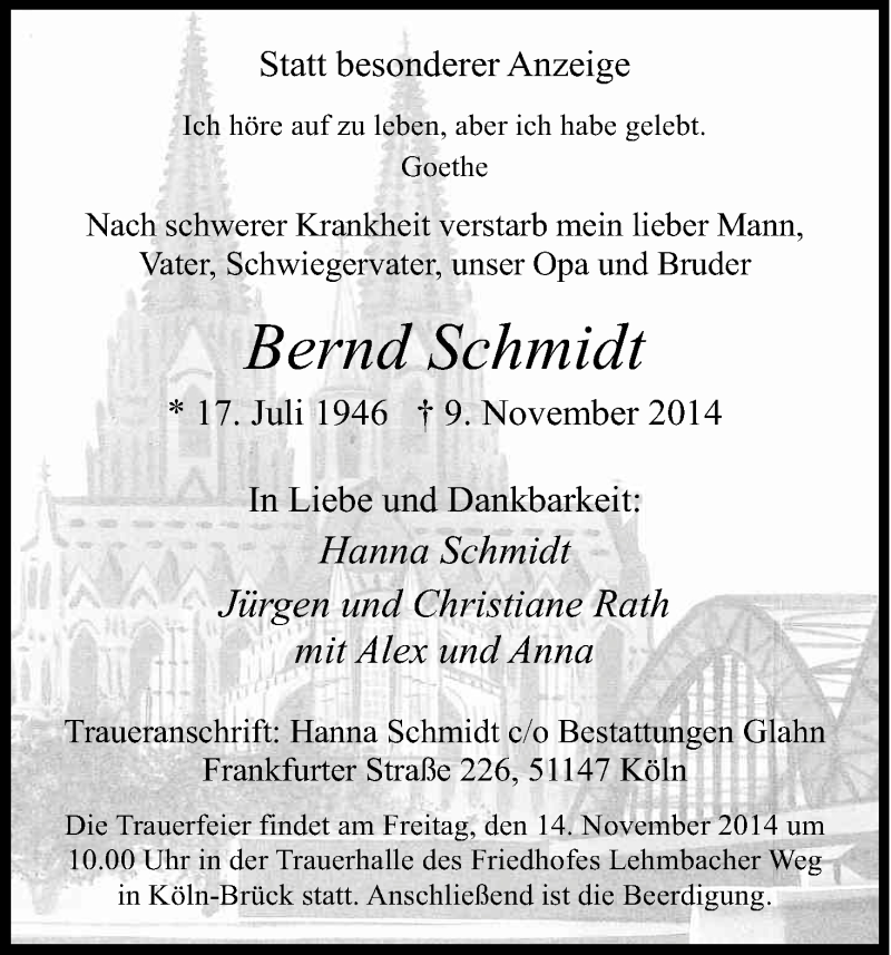  Traueranzeige für Bernd Schmidt vom 12.11.2014 aus Kölner Stadt-Anzeiger / Kölnische Rundschau / Express
