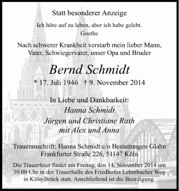 Anzeige von Bernd Schmidt von Kölner Stadt-Anzeiger / Kölnische Rundschau / Express