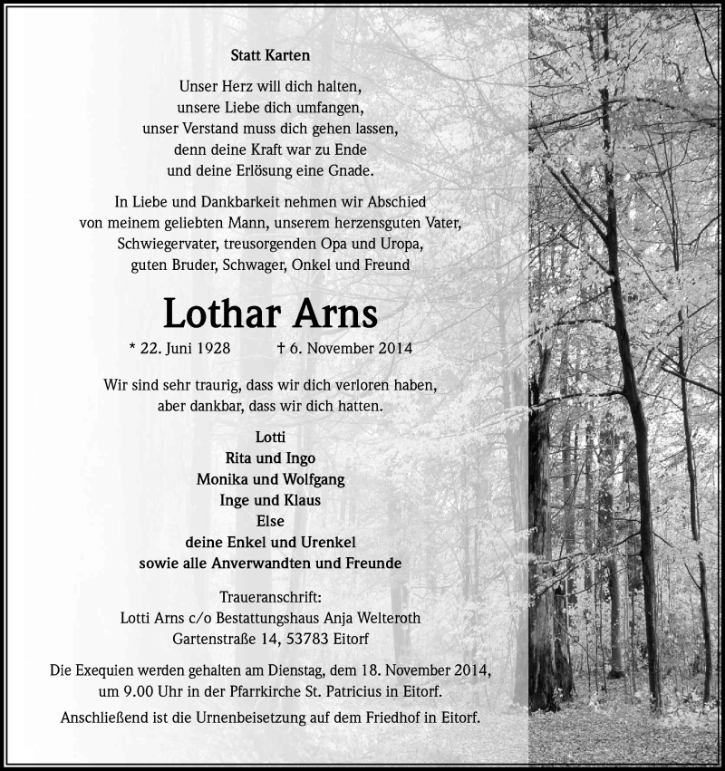  Traueranzeige für Lothar Arns vom 15.11.2014 aus Kölner Stadt-Anzeiger / Kölnische Rundschau / Express