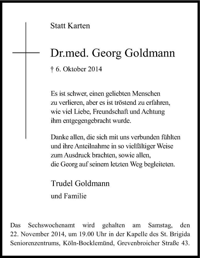  Traueranzeige für Georg Goldmann vom 15.11.2014 aus Kölner Stadt-Anzeiger / Kölnische Rundschau / Express