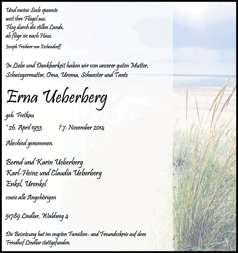  Traueranzeige für Erna Ueberberg vom 15.11.2014 aus Kölner Stadt-Anzeiger / Kölnische Rundschau / Express