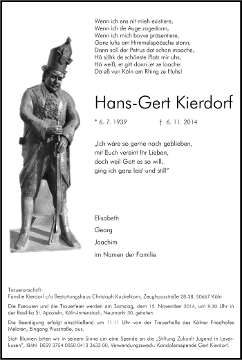Anzeige von Hans-Gert Kierdorf von Kölner Stadt-Anzeiger / Kölnische Rundschau / Express