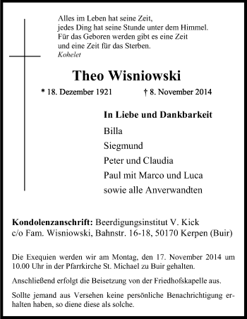 Anzeige von Theo Wisniowski von Kölner Stadt-Anzeiger / Kölnische Rundschau / Express