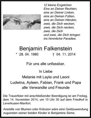 Anzeige von Benjamin Falkenstein von Kölner Stadt-Anzeiger / Kölnische Rundschau / Express