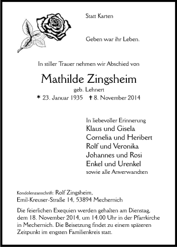 Anzeige von Mathilde Zingsheim von Kölner Stadt-Anzeiger / Kölnische Rundschau / Express
