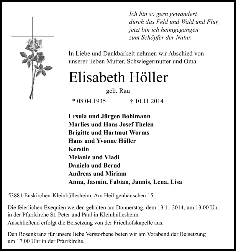  Traueranzeige für Elisabeth Höller vom 12.11.2014 aus Kölner Stadt-Anzeiger / Kölnische Rundschau / Express