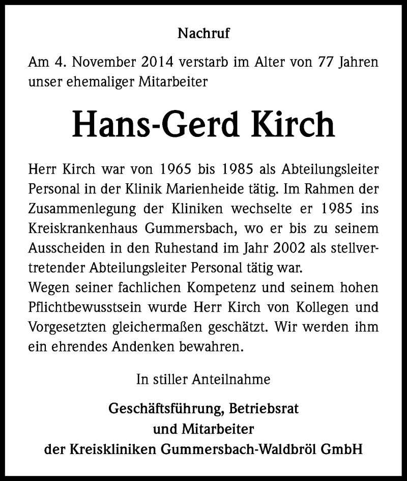  Traueranzeige für Hans-Gerd Kirch vom 15.11.2014 aus Kölner Stadt-Anzeiger / Kölnische Rundschau / Express