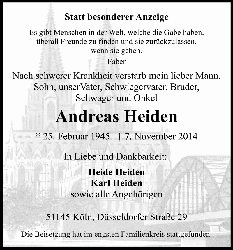 Traueranzeige für Andreas Heiden vom 19.11.2014 aus Kölner Stadt-Anzeiger / Kölnische Rundschau / Express
