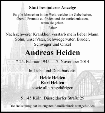 Anzeige von Andreas Heiden von Kölner Stadt-Anzeiger / Kölnische Rundschau / Express