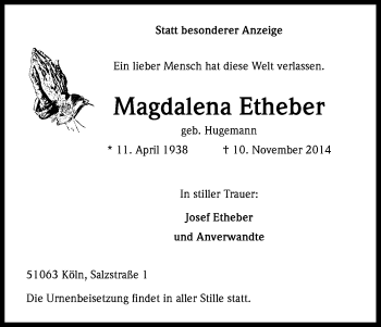 Anzeige von Magdalene Etheber von Kölner Stadt-Anzeiger / Kölnische Rundschau / Express