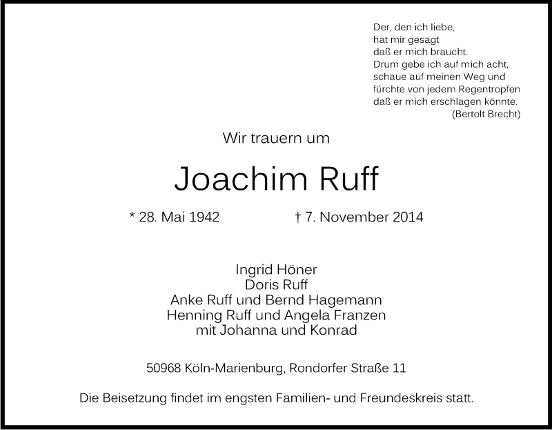  Traueranzeige für Joachim Ruff vom 15.11.2014 aus Kölner Stadt-Anzeiger / Kölnische Rundschau / Express