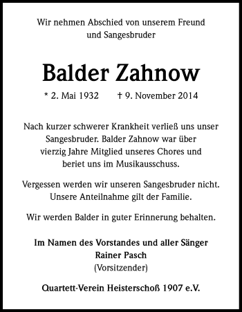 Anzeige von Balder Zahnow von Kölner Stadt-Anzeiger / Kölnische Rundschau / Express