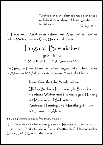 Anzeige von Irmgard Bremicker von Kölner Stadt-Anzeiger / Kölnische Rundschau / Express
