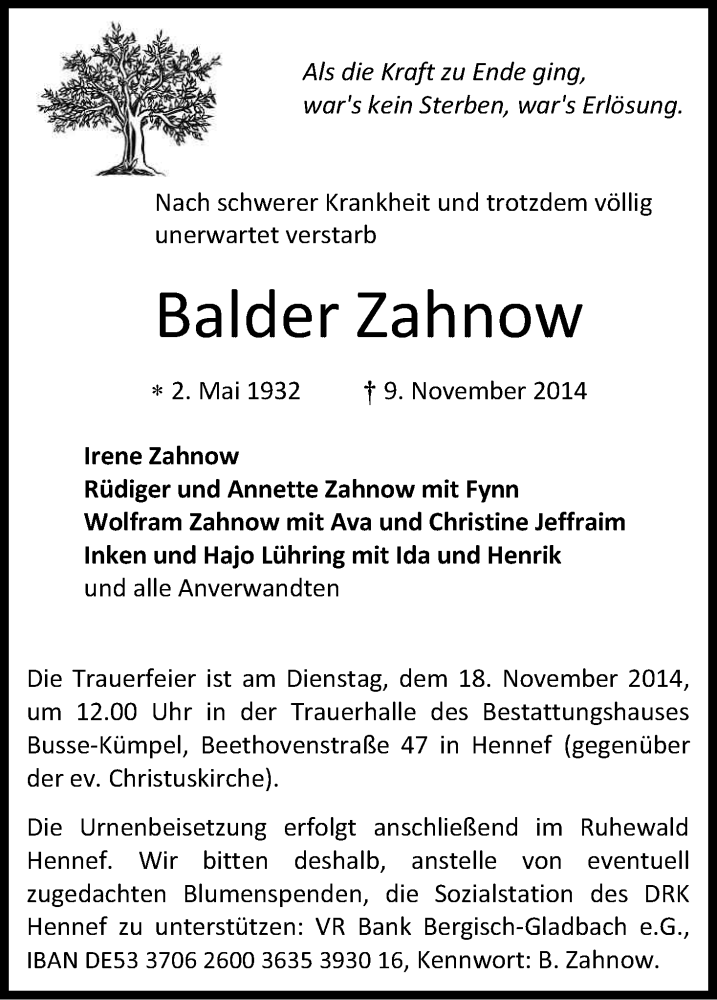  Traueranzeige für Balder Zahnow vom 12.11.2014 aus Kölner Stadt-Anzeiger / Kölnische Rundschau / Express