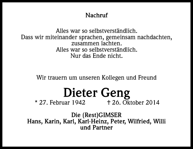  Traueranzeige für Dieter Geng vom 15.11.2014 aus Kölner Stadt-Anzeiger / Kölnische Rundschau / Express