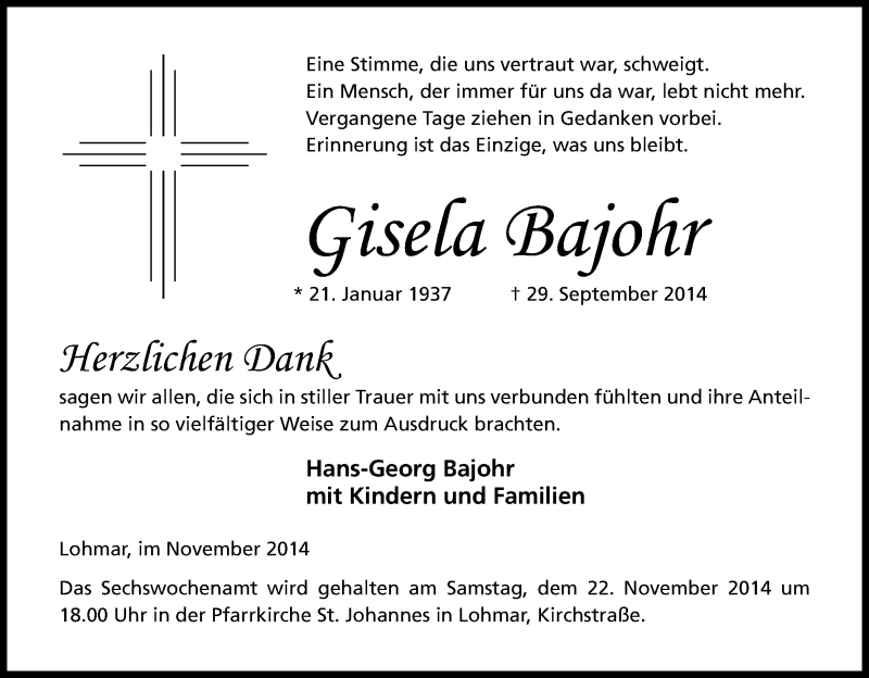  Traueranzeige für Gisela Bajohr vom 15.11.2014 aus Kölner Stadt-Anzeiger / Kölnische Rundschau / Express