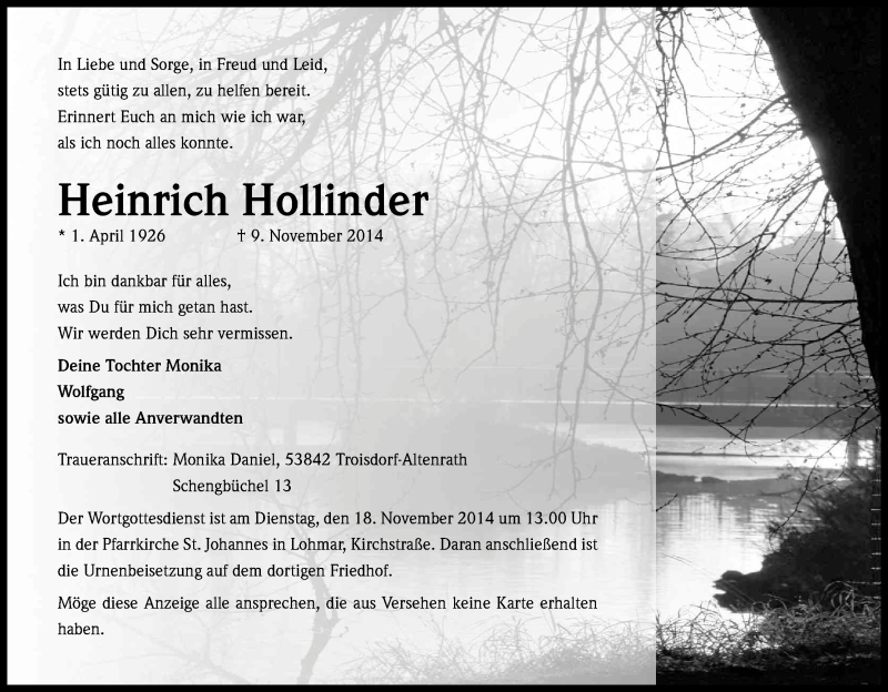  Traueranzeige für Heinrich Hollinder vom 15.11.2014 aus Kölner Stadt-Anzeiger / Kölnische Rundschau / Express