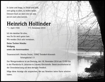 Anzeige von Heinrich Hollinder von Kölner Stadt-Anzeiger / Kölnische Rundschau / Express