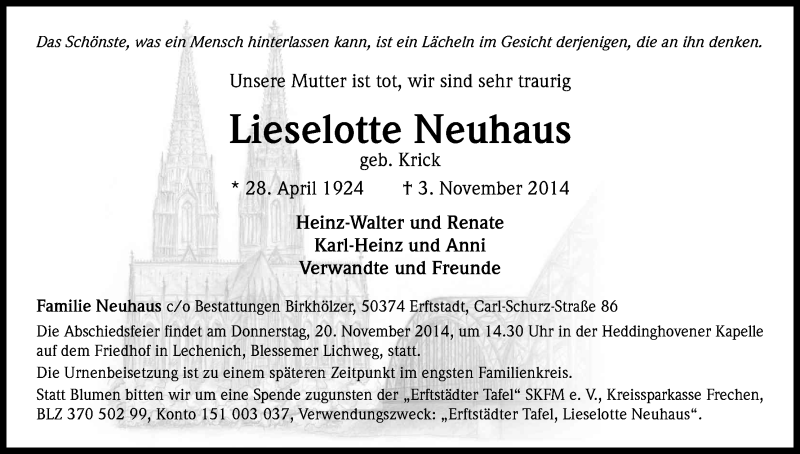  Traueranzeige für Lieselotte Neuhaus vom 15.11.2014 aus Kölner Stadt-Anzeiger / Kölnische Rundschau / Express