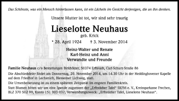 Anzeige von Lieselotte Neuhaus von Kölner Stadt-Anzeiger / Kölnische Rundschau / Express
