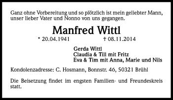 Anzeige von Manfred Wittl von Kölner Stadt-Anzeiger / Kölnische Rundschau / Express