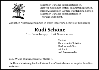 Anzeige von Rudi Schöne von Kölner Stadt-Anzeiger / Kölnische Rundschau / Express