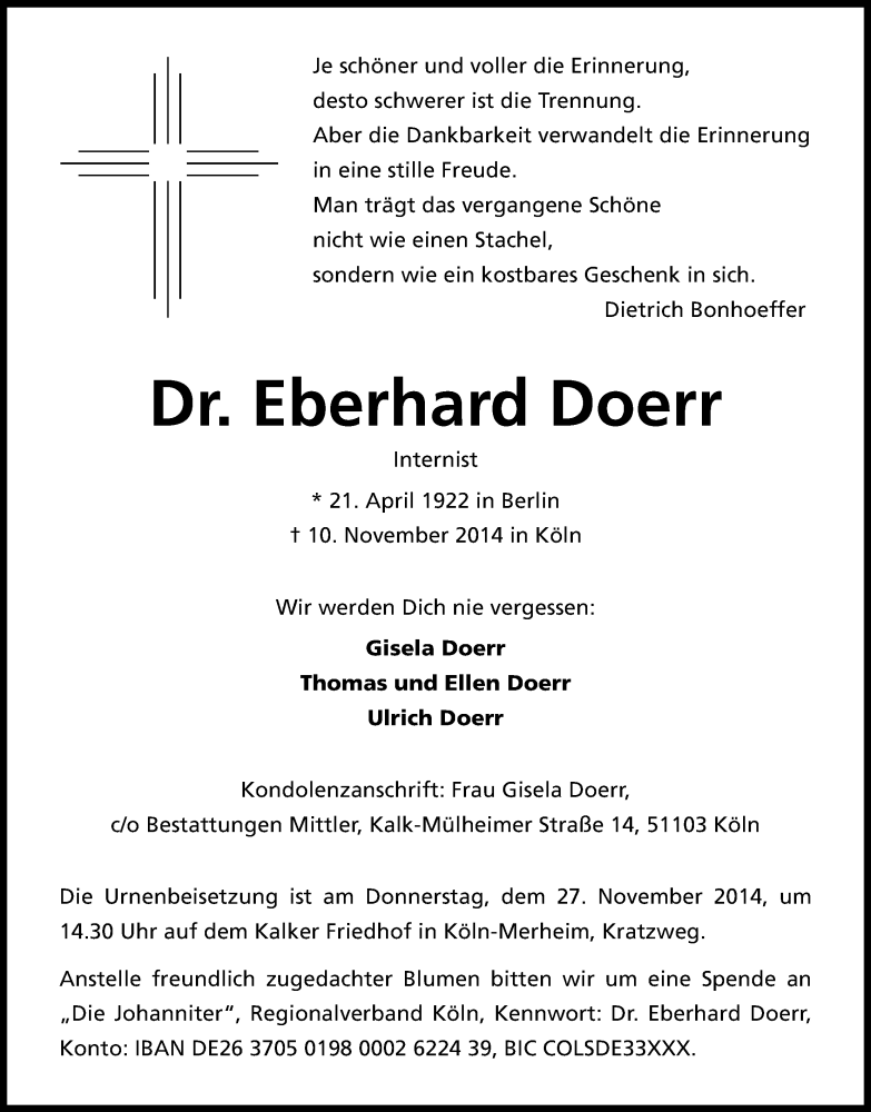  Traueranzeige für Eberhard  Doerr vom 15.11.2014 aus Kölner Stadt-Anzeiger / Kölnische Rundschau / Express