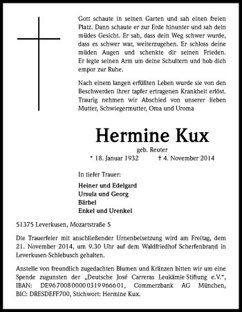 Anzeige von Hermine Kux von Kölner Stadt-Anzeiger / Kölnische Rundschau / Express