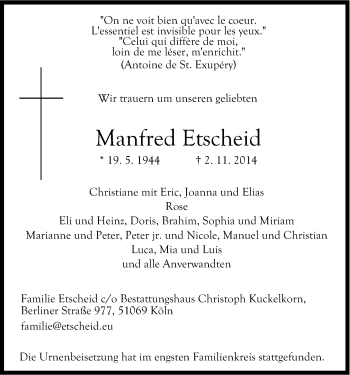 Anzeige von Manfred Etscheid von Kölner Stadt-Anzeiger / Kölnische Rundschau / Express