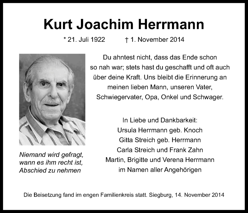  Traueranzeige für Kurt Joachim Herrmann vom 15.11.2014 aus Kölner Stadt-Anzeiger / Kölnische Rundschau / Express