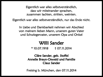 Anzeige von Willi Sander von Kölner Stadt-Anzeiger / Kölnische Rundschau / Express