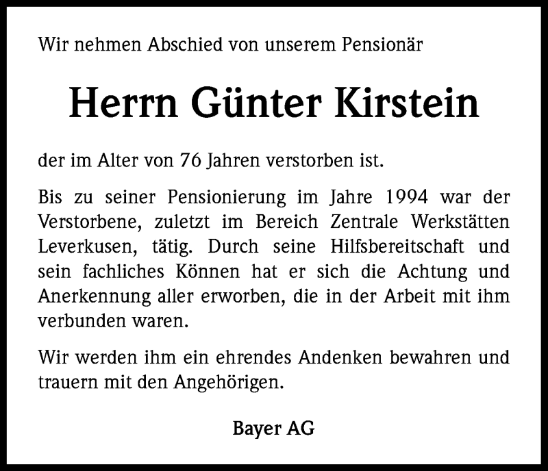  Traueranzeige für Günter Kirstein vom 13.11.2014 aus Kölner Stadt-Anzeiger / Kölnische Rundschau / Express