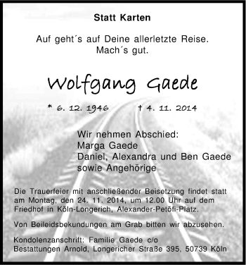 Anzeige von Wolfgang Gaede von Kölner Stadt-Anzeiger / Kölnische Rundschau / Express