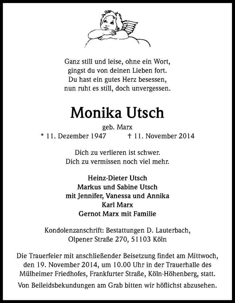  Traueranzeige für Monika Utsch vom 15.11.2014 aus Kölner Stadt-Anzeiger / Kölnische Rundschau / Express