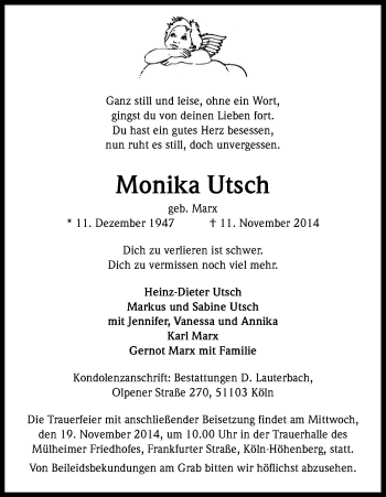 Anzeige von Monika Utsch von Kölner Stadt-Anzeiger / Kölnische Rundschau / Express