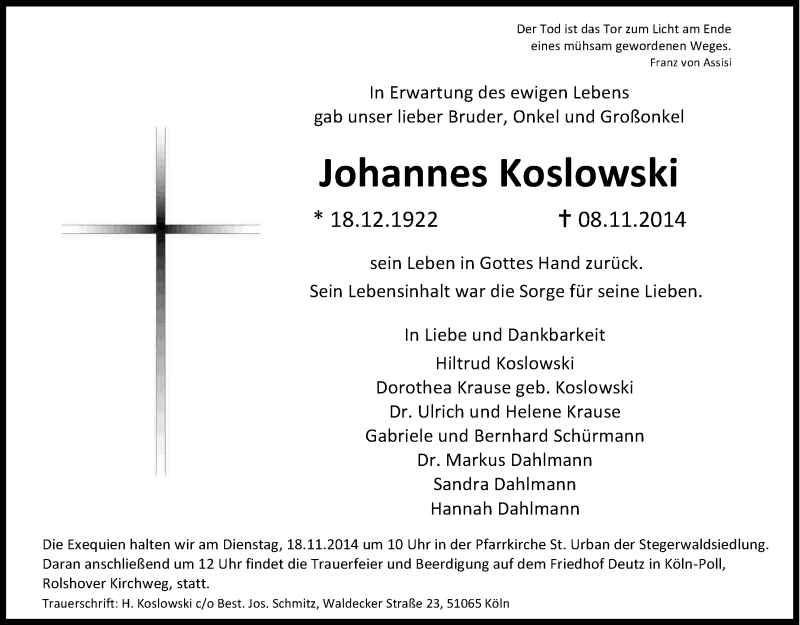  Traueranzeige für Johannes Koslowski vom 15.11.2014 aus Kölner Stadt-Anzeiger / Kölnische Rundschau / Express