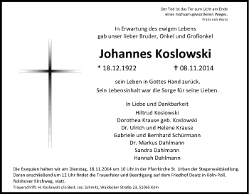 Anzeige von Johannes Koslowski von Kölner Stadt-Anzeiger / Kölnische Rundschau / Express