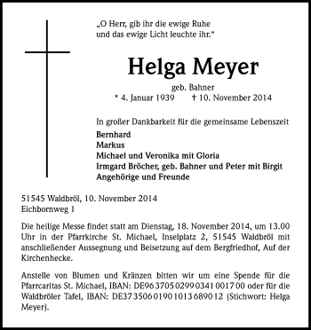 Anzeige von Helga Meyer von Kölner Stadt-Anzeiger / Kölnische Rundschau / Express