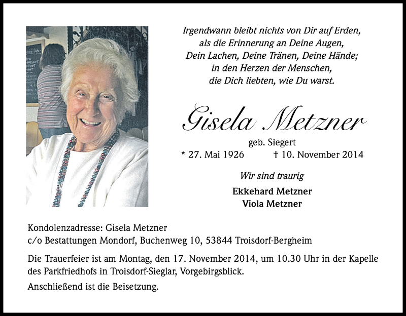  Traueranzeige für Gisela Metzner vom 13.11.2014 aus Kölner Stadt-Anzeiger / Kölnische Rundschau / Express