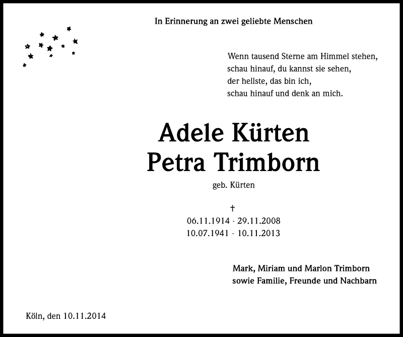  Traueranzeige für Adele und Petra Kürten vom 15.11.2014 aus Kölner Stadt-Anzeiger / Kölnische Rundschau / Express