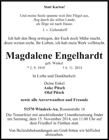 Anzeige von Magdalene Engelhardt von Kölner Stadt-Anzeiger / Kölnische Rundschau / Express
