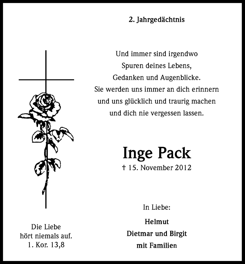  Traueranzeige für Inge Pack vom 15.11.2014 aus Kölner Stadt-Anzeiger / Kölnische Rundschau / Express