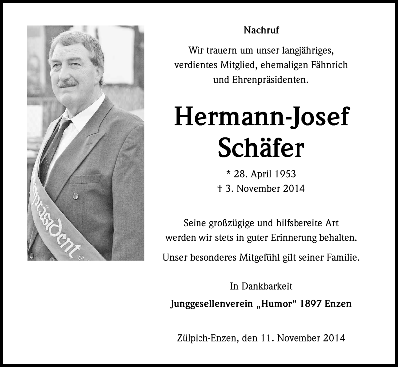  Traueranzeige für Hermann-Josef Schäfer vom 13.11.2014 aus Kölner Stadt-Anzeiger / Kölnische Rundschau / Express